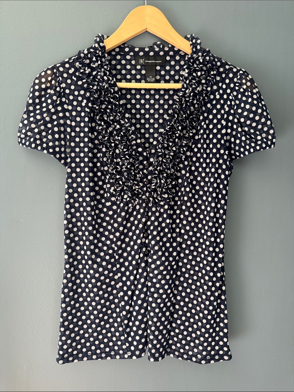 INC International Concepts Navy and White Polka Dot Ruffle V-Neck Blouse